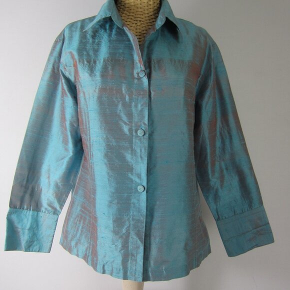 Anü by Natural Women M Turquoise Blue 100% Raw Silk Long Sleeve Shirt Iridescent - Picture 5 of 10